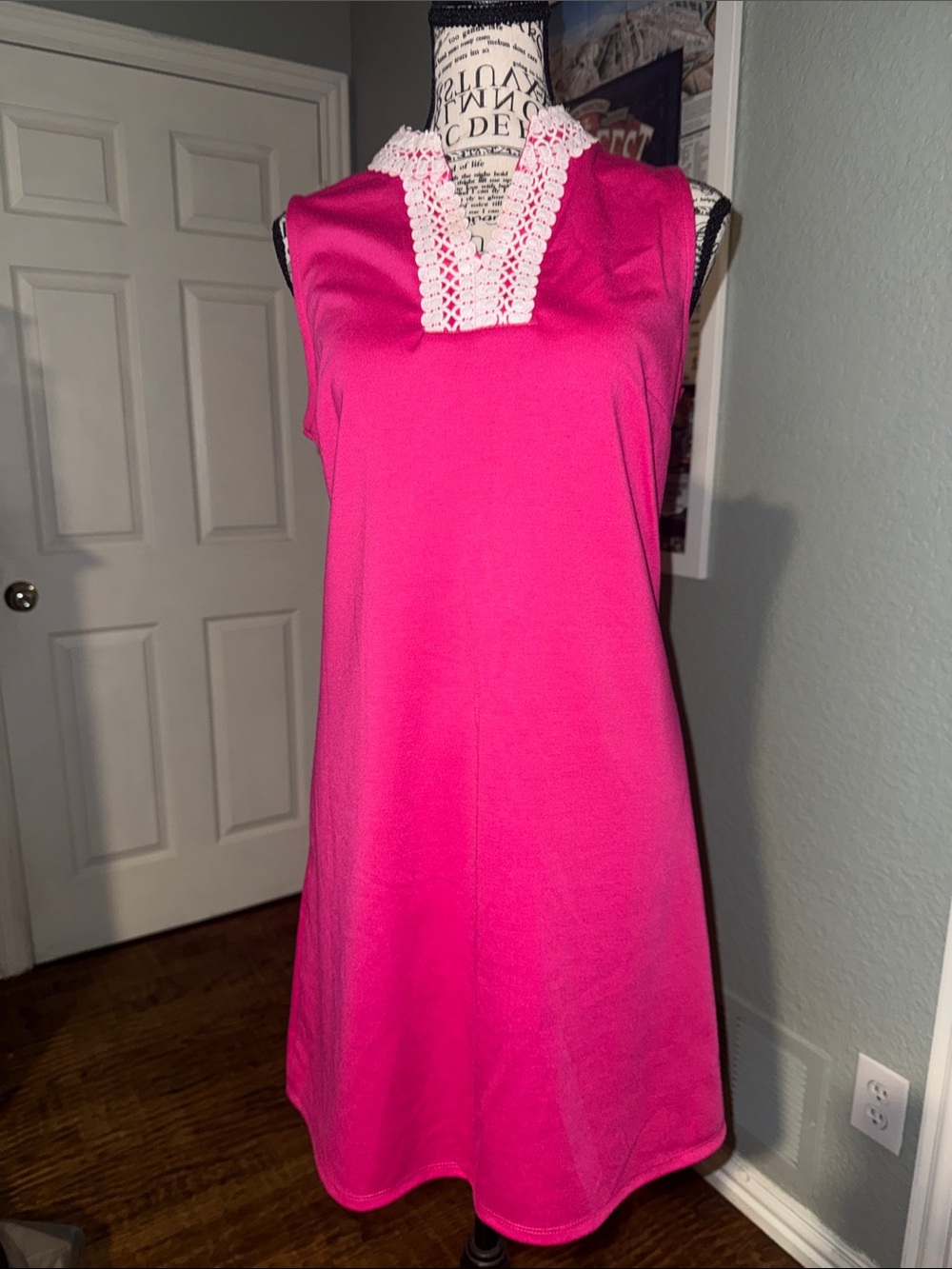 Kim Rogers Hot Pink Mini Dress with White Lace V-Neck Trim